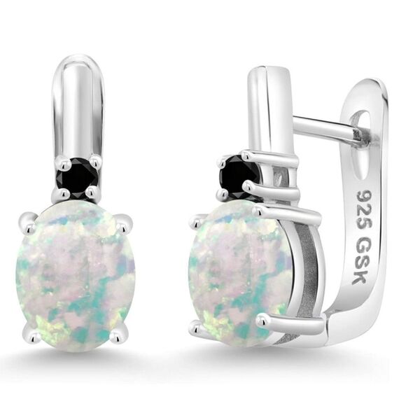 925 Sterling Silver with 3.33 Cttw White Opal and Black Diamond Oval Earrings